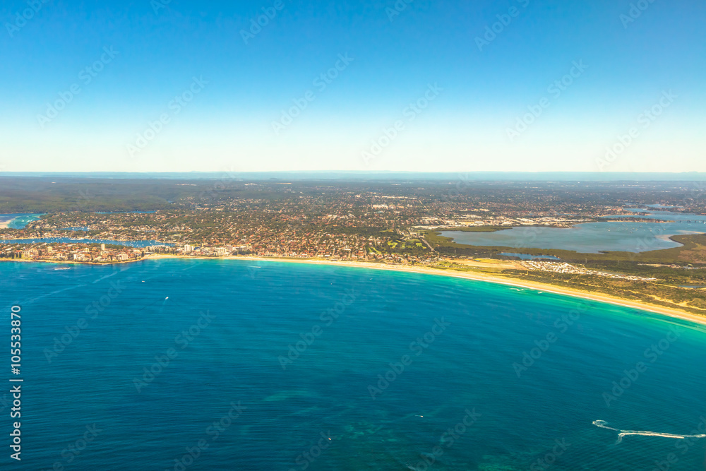 Aerial view of Bate Bay, Sydney, New South Wales, eastern Australia.  The beaches of Cronulla: Wanda Beach, Elouera Beach, North Cronulla Beach, Cronulla Beach, Blackwoods Beach and Shelly Beach.