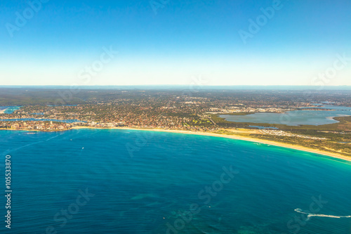 Aerial view of Bate Bay, Sydney, New South Wales, eastern Australia.  The beaches of Cronulla: Wanda Beach, Elouera Beach, North Cronulla Beach, Cronulla Beach, Blackwoods Beach and Shelly Beach.