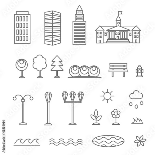 Linear landscape elements vector icons set. Line buildings trees, flowers,  plant and bench. 