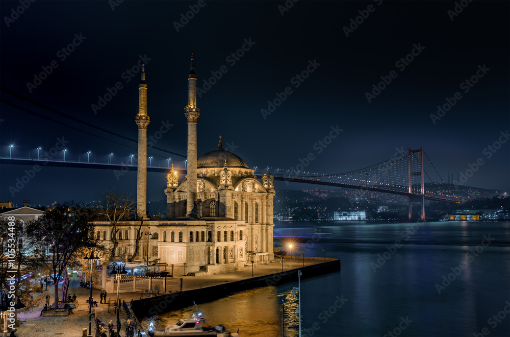 Ortakoy Mosque and the Bosphorus Bridge at night Istanbul Turkey