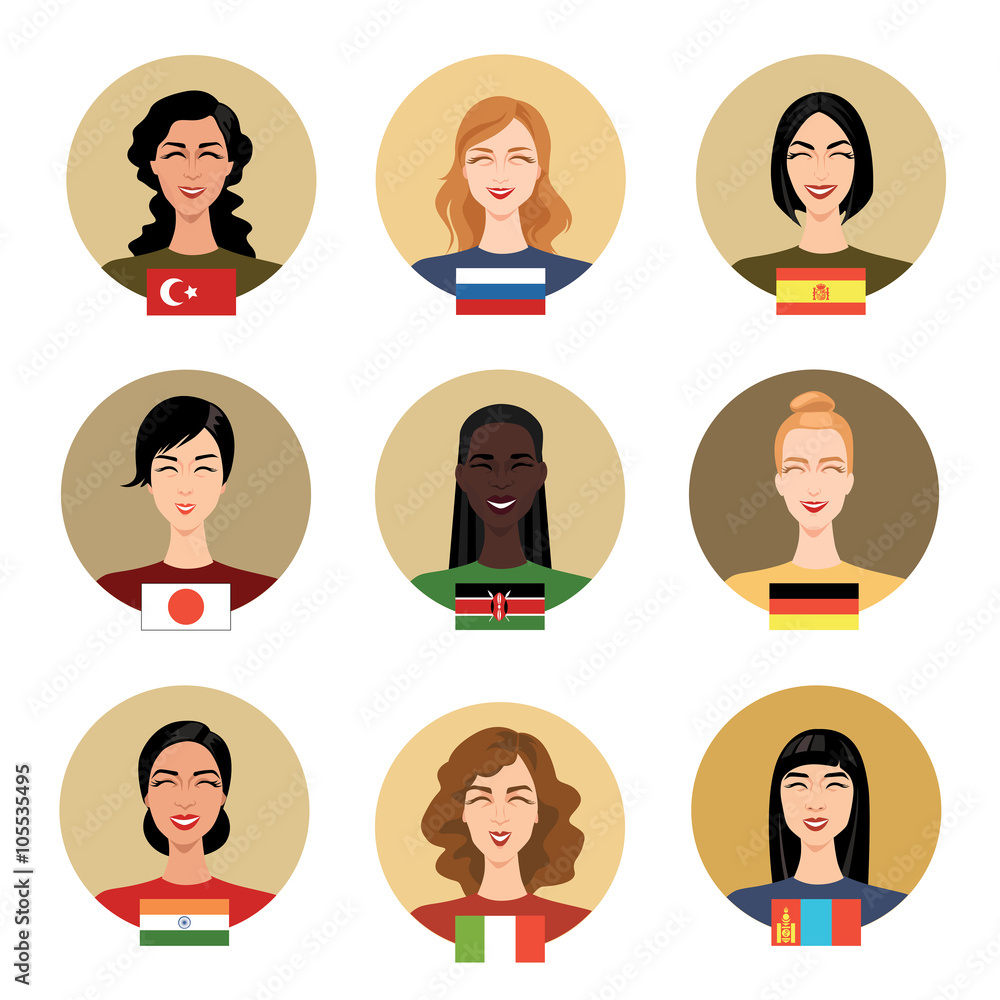 Set of vector icons - people of different nationalities in cartoon style. Women Set of vector icons - people of different nationalities in cartoon style. Women