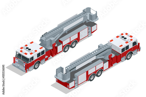 Fire truck isolated. Fire suppression and victim assistance. Flat 3d isometric high quality city transport icon.