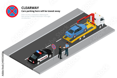 Isometric police fines car design flat isolated. 3D car on Tow truck, police officer traffic, policeman person fines, transportation driver fines, fines transport, sheriff fines guy security violation