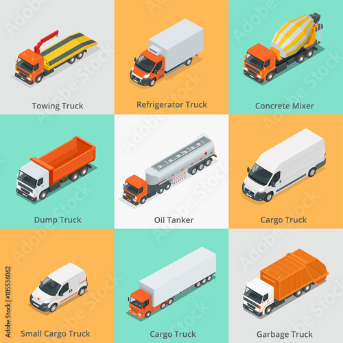 Cargo Truck set icons. Snow Plow Truck, Small Cargo Truck, Concrete Mixer, Dump Truck, Oil Tanker, Garbage Truck. Truck icon. Truck isometric. 3d truck. Car icons 