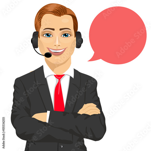 happy smiling male customer support phone operator with arms folded and speech bubble