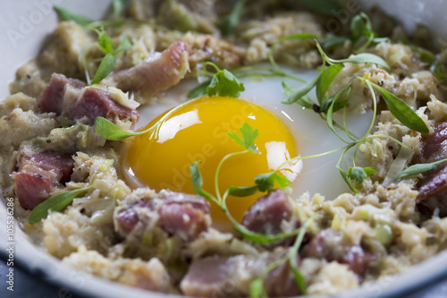 Coddle duck egg with bacon, crab & leek  photo