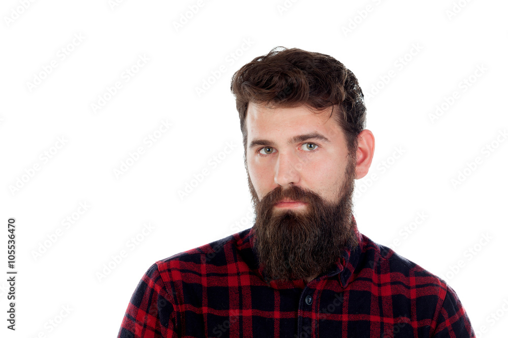 Handsome man with long beard wearing checkered shirt Handsome man with long beard wearing checkered shirt