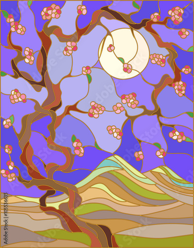 Illustration in stained glass style with the cherry blossoms on a background of mountains  sky and sun