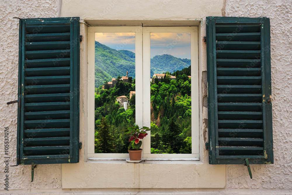 Fototapeta premium Window in an old house decorated with flower