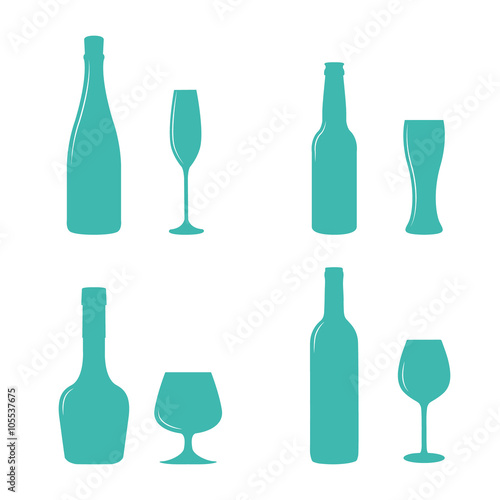 Alcohol bottles and glasses. 