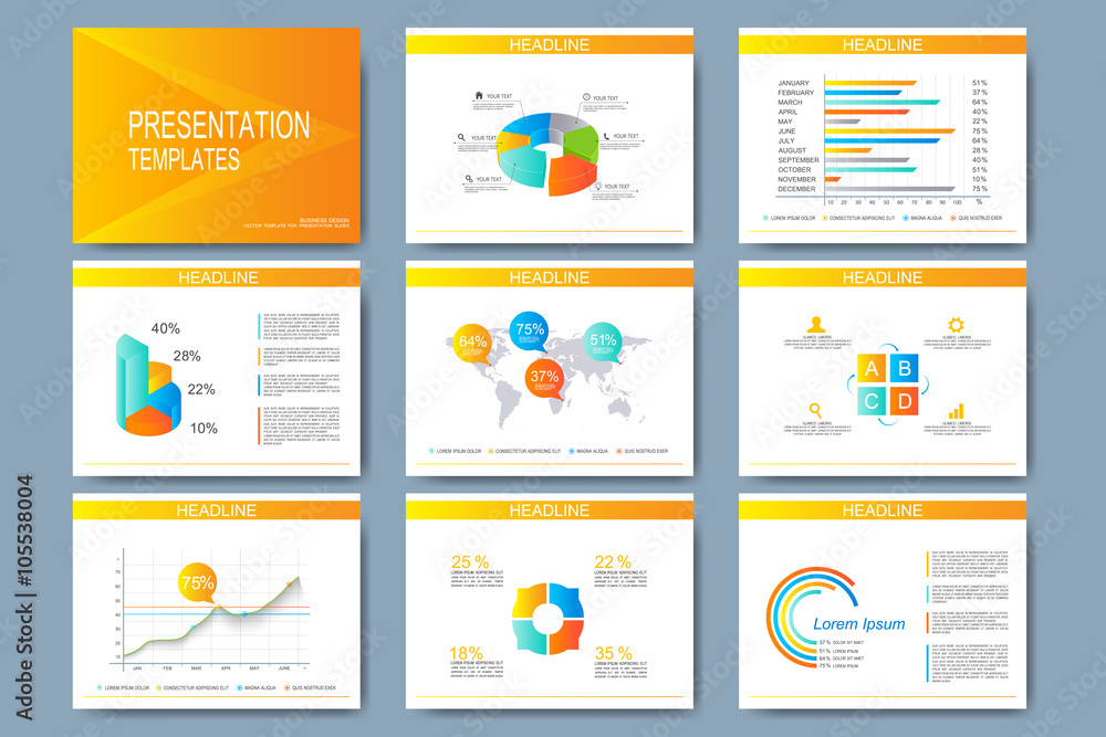 Colorful set of vector templates for multipurpose presentation slides. Modern business flat design with graphs and chart. Leaflet marketing advertising