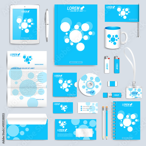 Blue set of vector corporate identity template. Modern business stationery mock up. Branding design with molecule icon . Medicine, science, technology concept