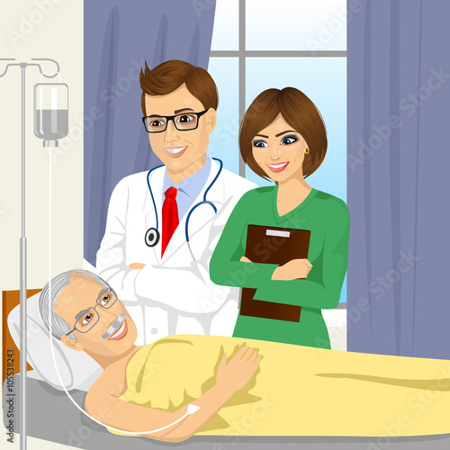 young male doctor and nurse visiting a senior old man patient