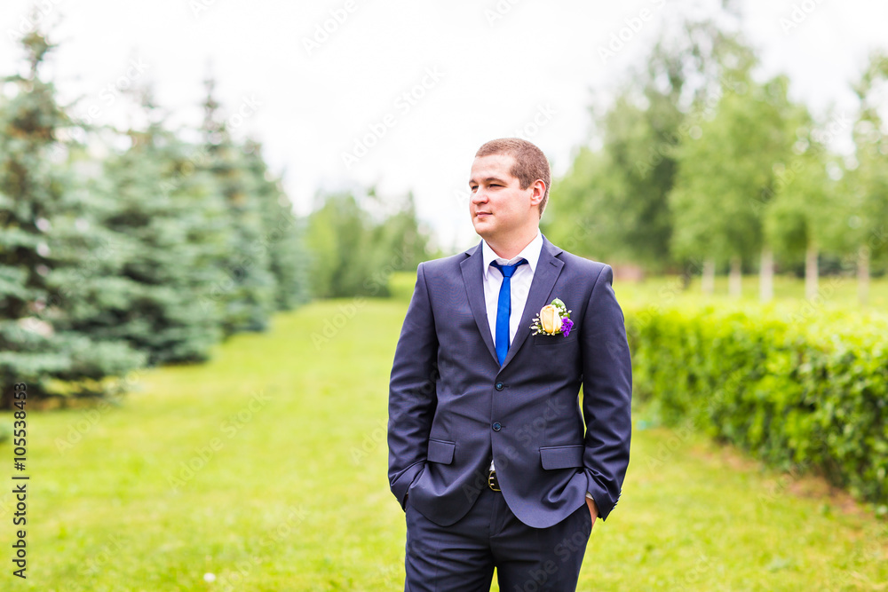 Groom in suit on the nature. Male portrait outdoors. Handsome guy outdoors Groom in suit on the nature. Male portrait outdoors. Handsome guy outdoors