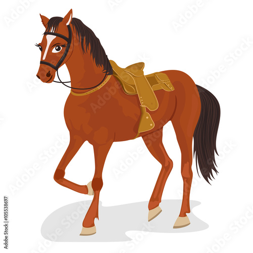 Beautiful saddled horse standing on white background 