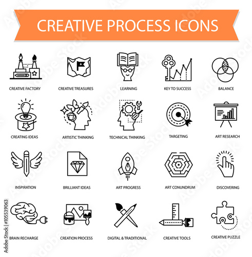 Creative process vector flat thin line modern icon collection, set of unusual colored detailed icons about design, startup, art, brainstorming, creating ideas.
