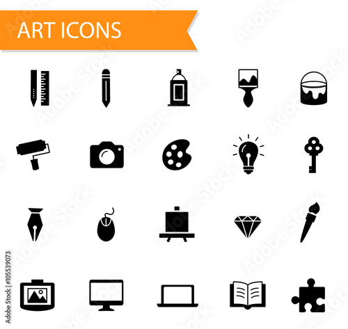 Collection of flat solid filled vector icons, art, design and graphics icon set in modern style, different artistic objects signs
