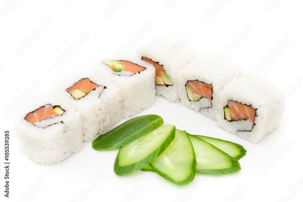 A roll of sushi with cucumber A roll of sushi with cucumber