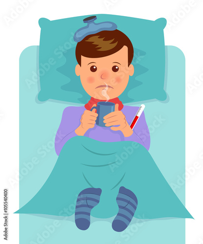 Sick man lies and drinks hot drink. Flu symptoms, fever, pain, malaise