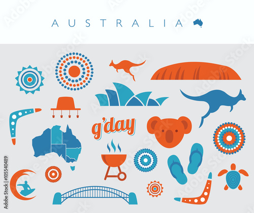 Blue and orange Australia icon set
