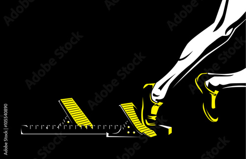 Leg of runner while sprinting out of start position with high speed. 