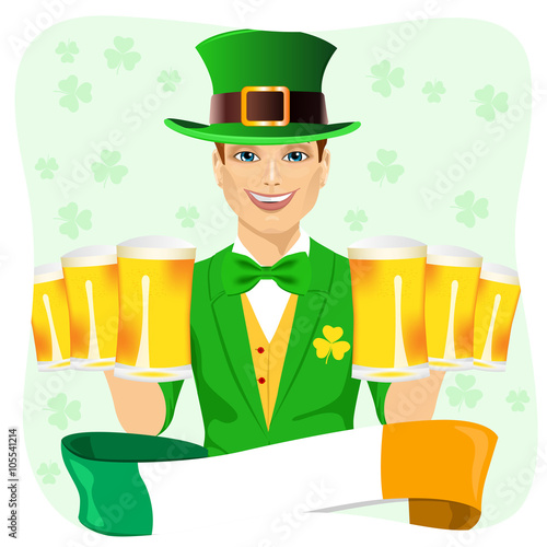 handsome man dressed as leprechaun celebrating Saint Patrick day holding six golden beer mugs with irish ribbon