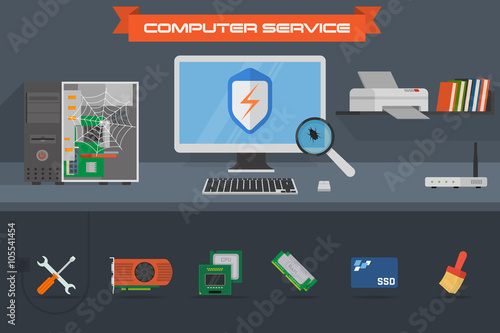 Beautiful colorful flat vector banner on the theme: assembling a desktop computer, buy computer equipment, repair computer, cleaning computer. Running the process of searching virus.