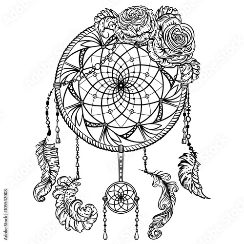 Dream catcher with ornament and roses. Tattoo art. Retro banner, card, scrap booking, t-shirt, bag, print, poster.Highly detailed vintage black and white hand drawn vector illustration