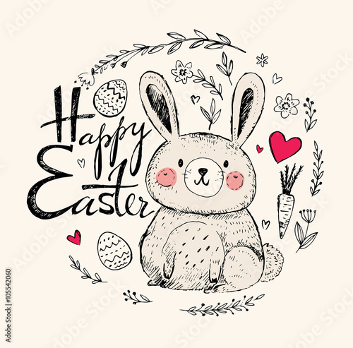 Easter greeting card with bunny and floral background