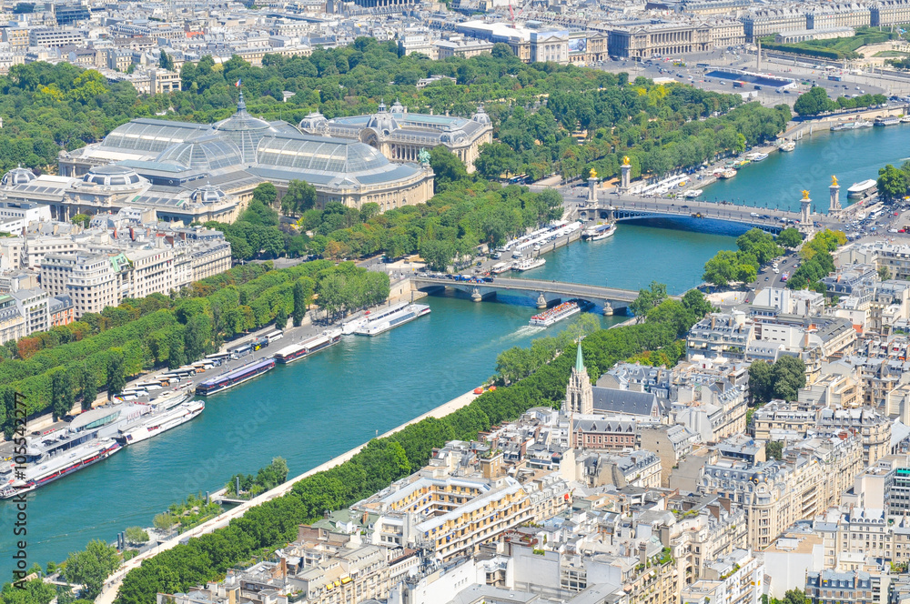 Aerial view of the Seine river in Paris, France