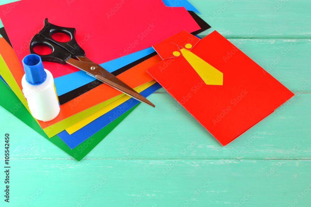Happy fathers day card, sheets of cardboard, scissors, glue. Children art set Happy fathers day card, sheets of cardboard, scissors, glue. Children art set