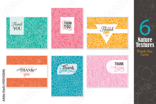 Six abstract natural textures thank you cards set with text design, pattern b...