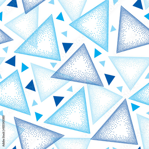 Seamless pattern with dotted triangle in black, gray and red on the white background. Vector abstract triangle background. Geometrical elements in trendy dotwork style.