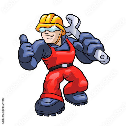 Cartoon plumber holding a big wrench. 