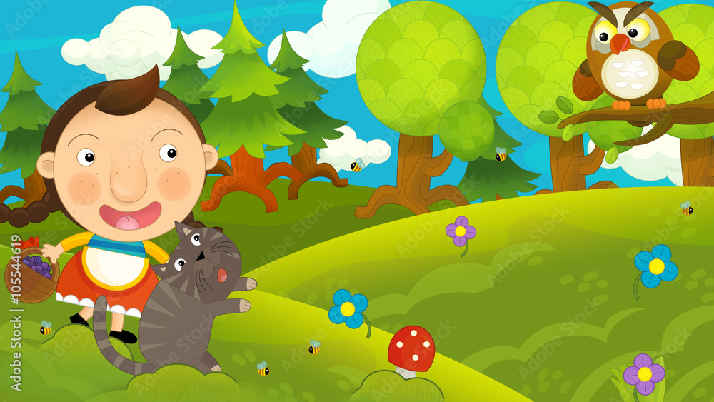 Obraz premium Cartoon happy girl with her friend cat on the meadow - having fun and seeing owl - illustration for children