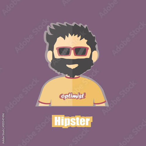 flat cartoon image of hipster, jobless, optimist on isolated backgound