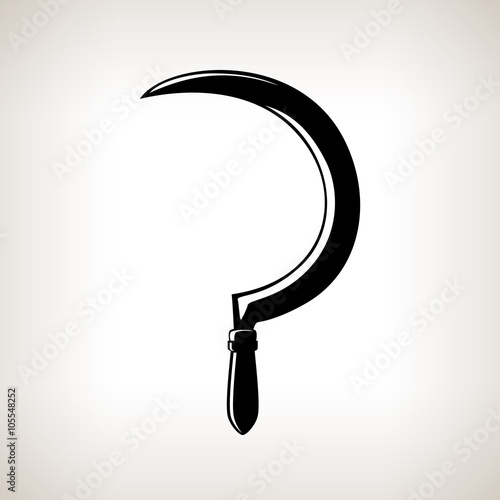 Sickle, Silhouette Modern Harvesting Sickle on a Light  Background, Agricultural Tool , Garden Equipment, Black and White Vector Illustration
 photo