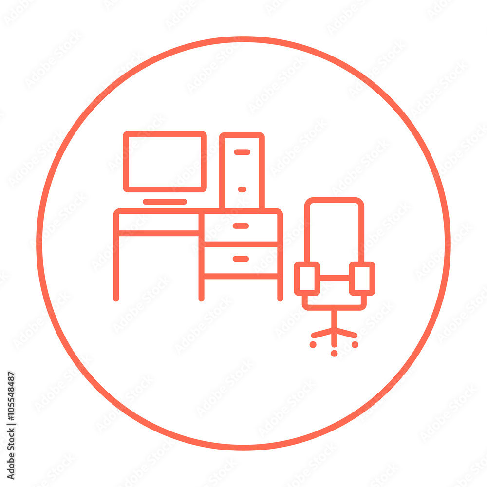 Computer set with table and chair line icon.