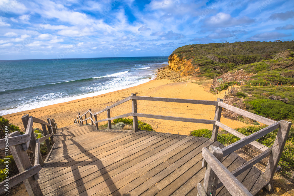 Scenic Bells Beach of the movie Point Break, near Torquay, gateway to the Surf Coast of Victoria, Australia, here starts the Great Ocean Road. this reserve includes Bells Southside and beaches.