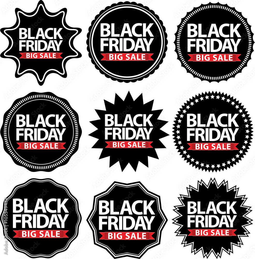 Black friday big sale signs set, black friday sticker set, vecto