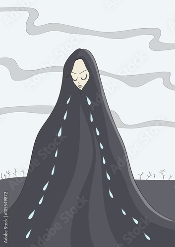 Illustration of crying woman cloaked in black, gloomy landscape in the background.