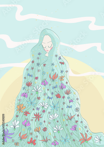 Illustration of pretty, smiling woman cloaked in flowers, sunny skies in the background. 