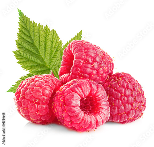 Raspberries with leaves close-up isolated on white background.