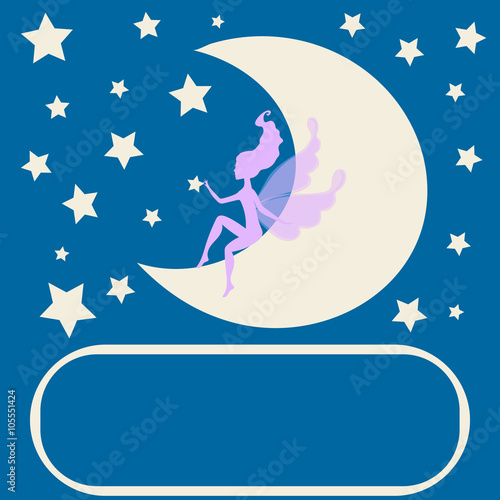 Dream fairytale fairy Silhouette sitting moon among the stars. Vector illustration drawing elf romantic girl  print. Cute magic collection  princess,  invitation, children wedding vintage card