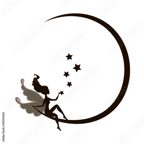 Dream fairytale grunge design for your love card.  background with a fairy Silhouette sitting on the moon among the stars. Vector illustration isolated on white background.