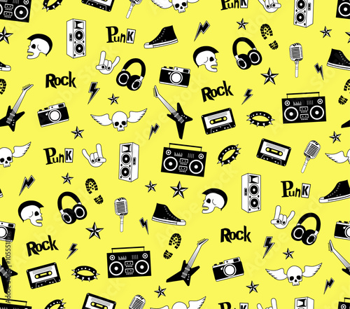 Seamless pattern. Punk rock music isolated on yellow background. Doodle style elements, emblems, badges, logo and icons.