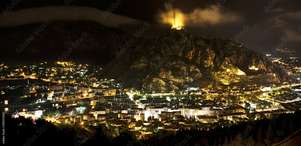 Turkey. Amasya. General view of the city by night with illuminated rock tombs of the Pontus kings on the rock faces