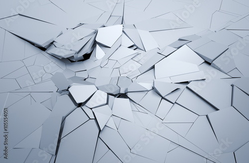 Abstract 3d rendering of cracked surface. Background with broken shape. Wall destruction. Explosion with debris. 