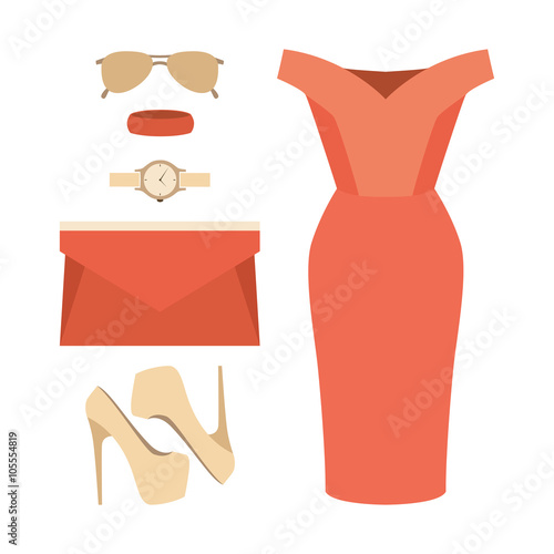 Set of trendy women's clothes. Outfit of woman dress and accessories. Women's wardrobe. Vector illustration
