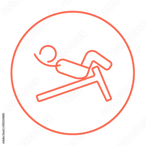 Man doing crunches on incline bench line icon.
